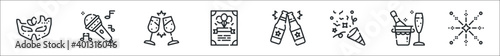 set of 8 party thin outline icons such as eye mask, microphone, cheers, invitation, cheers, confetti, champagne, fireworks