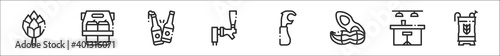 set of 8 beer thin outline icons such as hop, can, cheers, tap, bottle opener, peanut, pub, barrel