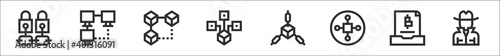 set of 8 blockchain thin outline icons such as blockchain, peer to peer, peer to distributed, build, cryptocurrency, record, annonymous