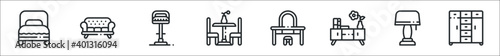 set of 8 furnitures thin outline icons such as single bed, sofa, stool, table, dresser, chest of drawers, lamp, wardrobe