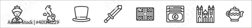 set of 8 united kingdom thin outline icons such as queen, united kingdom, top hat, sword, united kingdom, pound sterling, westminster, teapot