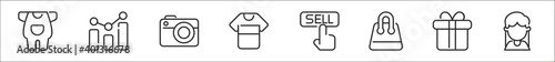 set of 8 bufilot ecommerce thin outline icons such as baby clothes, analytics, camera, tshirt, sell, shopping bag, gift box, costumer