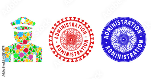 Policeman composition of Christmas symbols, such as stars, fir-trees, colored round items, and ADMINISTRATION textured stamp seals. Vector ADMINISTRATION stamps uses guilloche pattern,