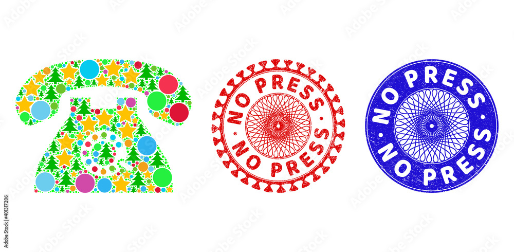 Pulse phone mosaic of New Year symbols, such as stars, fir trees, multicolored round items, and NO PRESS grunge stamp imitations. Vector NO PRESS stamp seals uses guilloche ornament, Pulse phone mosaic of New Year symbols, such as stars, fir trees, multicolored round items, and NO PRESS grunge stamp imitations. Vector NO PRESS stamp seals uses guilloche ornament,