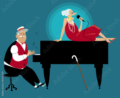 Senior couple performing on stage, playing piano and singing,  EPS 8 vector illustration