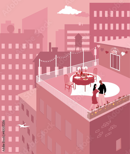 Couple having a romantic Valentine day dinner on a rooftop terrace in the city, EPS 8 vector illustration