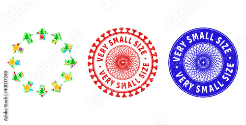 Radial arrows collage of Christmas symbols, such as stars, fir trees, color circles, and VERY SMALL SIZE scratched stamp seals. Vector VERY SMALL SIZE watermarks uses guilloche ornament,