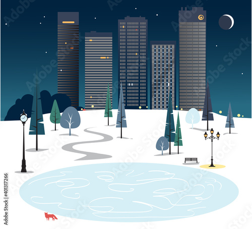 City park skating ring at night with urban skyline and a fox, EPS 8 vector illustration