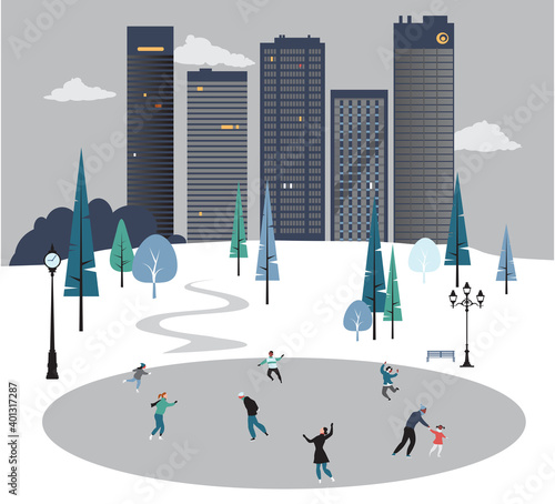 People skating in a skating rink in the city park in overcast winter day, EPS 8 vector illustration