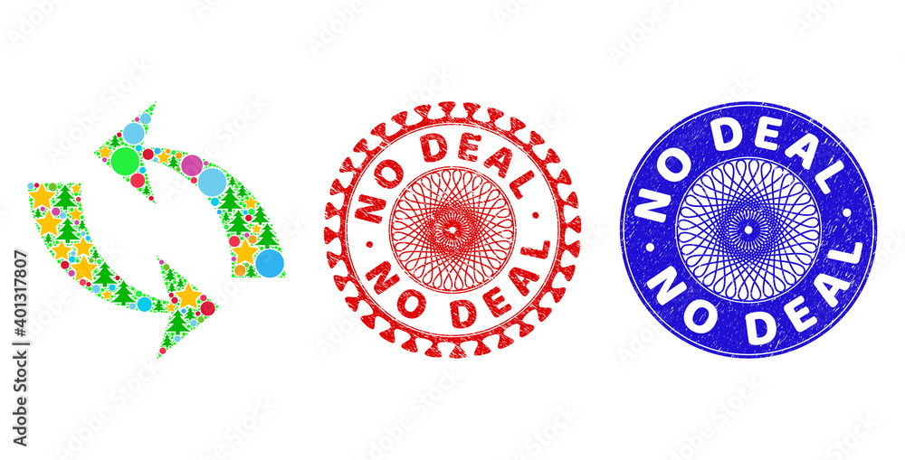 Refresh collage of New Year symbols, such as stars, fir-trees, color balls, and NO DEAL textured seals. Vector NO DEAL stamp seals uses guilloche pattern, designed in red and blue variations. Stars,