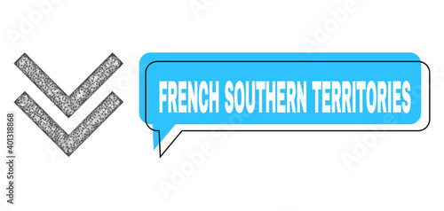 Speech French Southern Territories blue cloud frame and net mesh shift down. Frame and colored area are shifted to French Southern Territories text, which is located inside blue colored cloud.