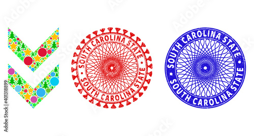 Shift down collage of Christmas symbols, such as stars, fir trees, bright round items, and SOUTH CAROLINA STATE grunge stamp imitations. Vector SOUTH CAROLINA STATE watermarks uses guilloche pattern,