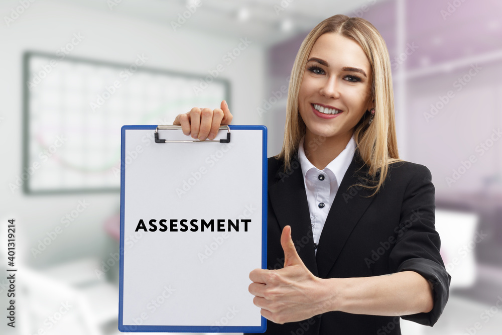 Business, technology, internet and network concept. Young businessman thinks over the steps for successful growth: Assessment Business, technology, internet and network concept. Young businessman thinks over the steps for successful growth: Assessment