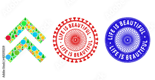 Shift up collage of New Year symbols, such as stars, fir trees, bright spheres, and LIFE IS BEAUTIFUL dirty seals. Vector LIFE IS BEAUTIFUL seals uses guilloche ornament,