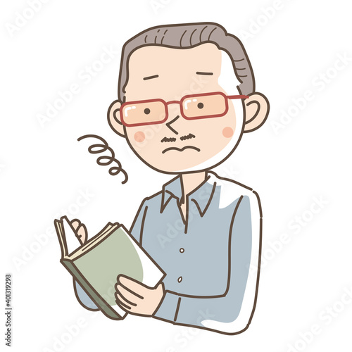 老眼鏡をかけて本を読むシニア男性

