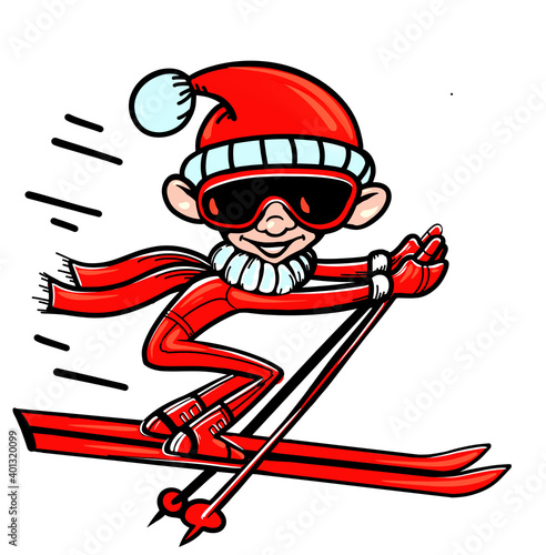 skier rides down the mountain red suit smiles