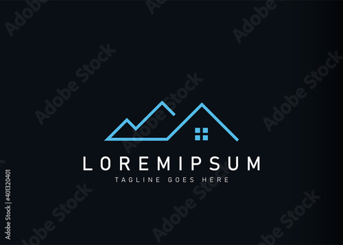 House mountain logo design. Vector illustration of minimalist villa house mountain icon design. Modern logo design with line art style.