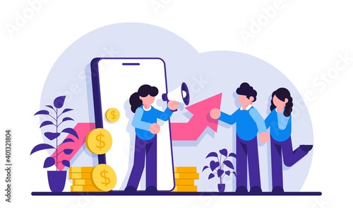 Refer a friend modern illustration concept. Businesswoman shout on megaphone with refer a friend words, can be used for landing pages, template, ui, web, mobile app, poster banner or flyer.