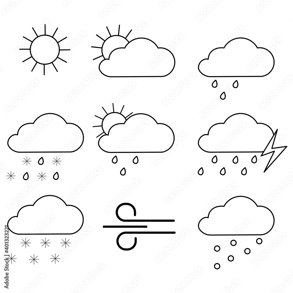 Weather icons black in sketch style. Weather forecast widget. Set for report design. Stock image. EPS 10. Weather icons black in sketch style. Weather forecast widget. Set for report design. Stock image. EPS 10.