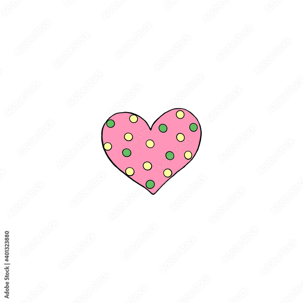 Simple hand drawn decorative heart isolated on white background. Pattern of dots and lines, pink green and yellow. Hello spring. happy Easter. Design element