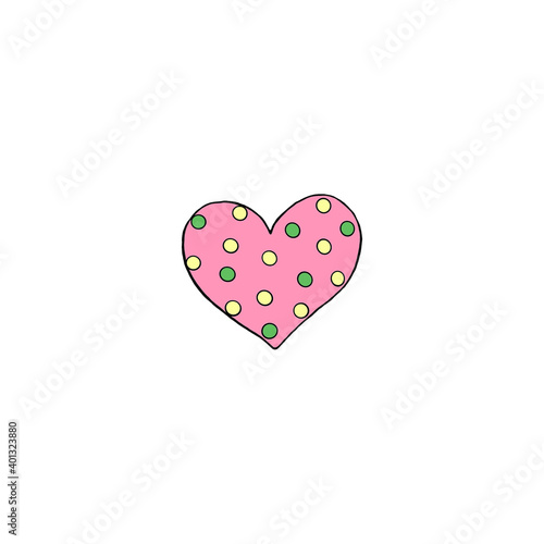 Simple hand drawn decorative heart isolated on white background. Pattern of dots and lines, pink green and yellow. Hello spring. happy Easter. Design element