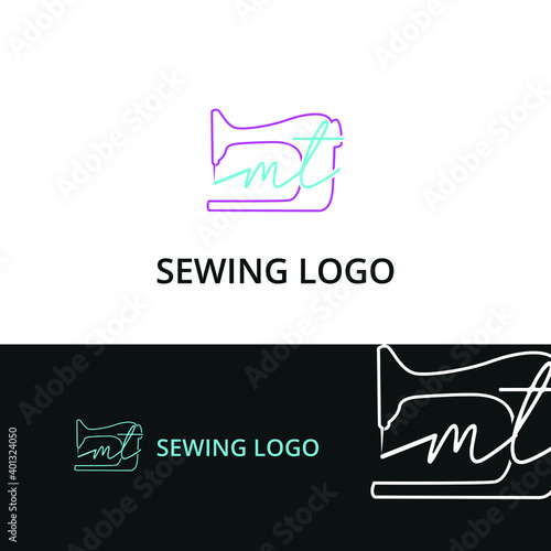 Initial mt letter typography with sewing machine for tailor, craft, hand made, fashion business logo