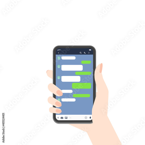 スマートフォン・メッセージアプリイメージ素材：スマホを持つ女性の手とトーク画面