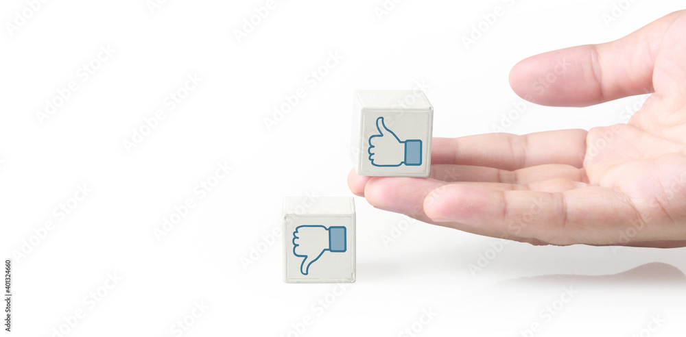 Concept creative idea innovation. cube block in hand with symbol Concept creative idea innovation. cube block in hand with symbol