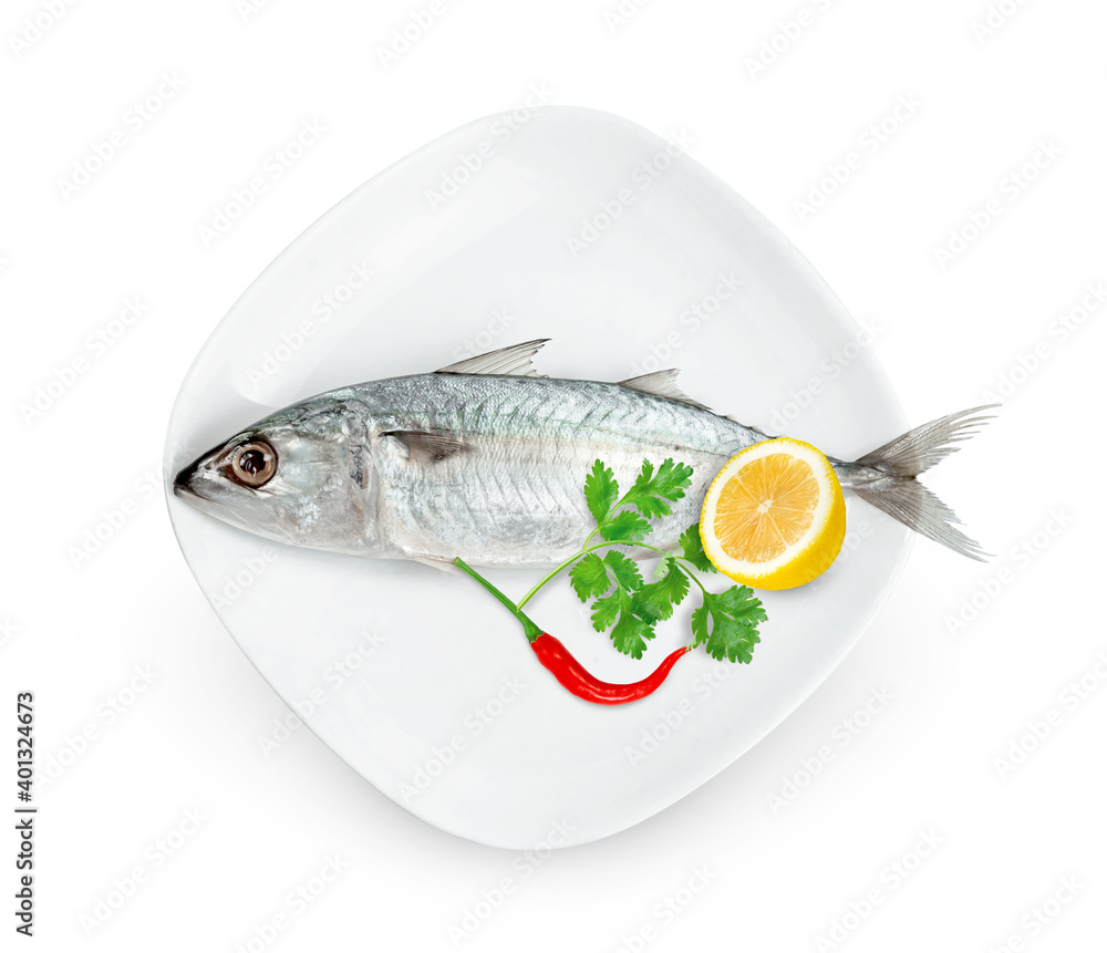 Fresh mackerel fish with dish isolated on white background ,include clipping path