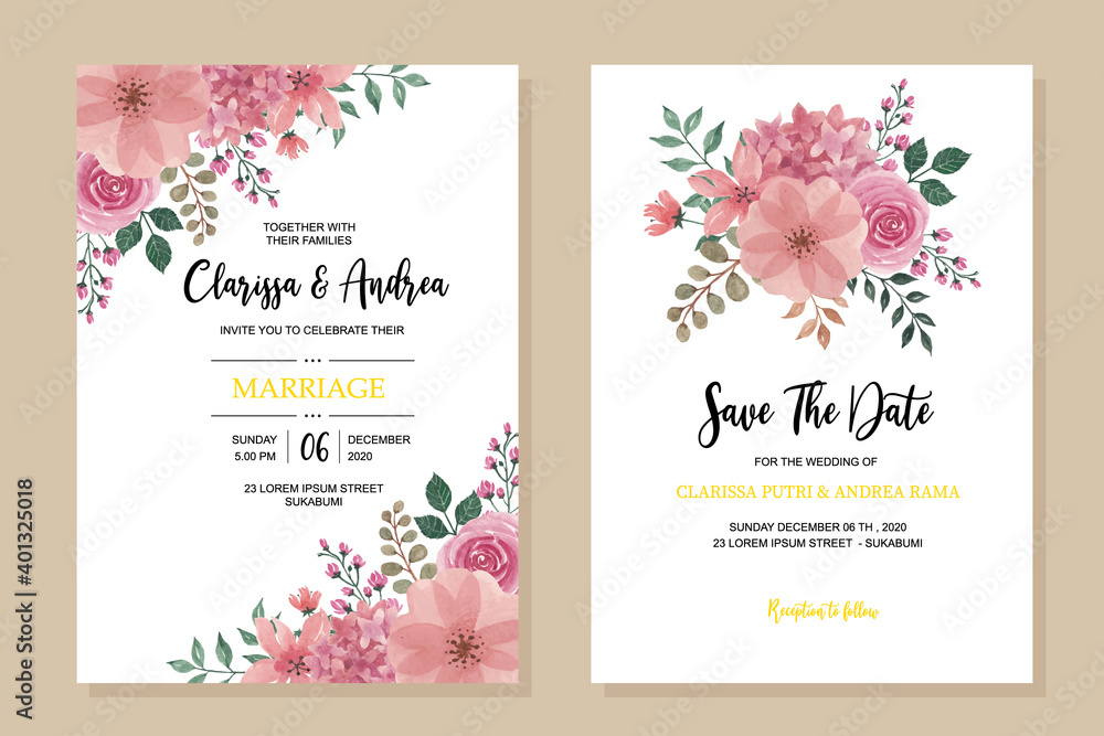Wedding invitation frame set; flowers, leaves, watercolor, isolated on white. Sketched wreath,
 floral and herbs garland with green, greenery color. Handdrawn Vector Watercolour style, nature art