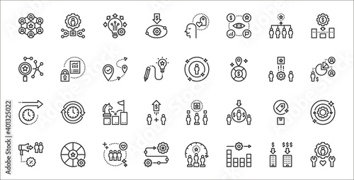 set of 32 sustainable competitive thin outline icons such as service, volume, process, marketing, quality, strategy, share, image, proprietary