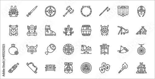 set of 32 viking thin outline icons such as house, rune, armor, dagger, horn, meat, house, barrel, valkyrie