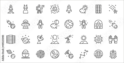 set of 32 space thin outline icons such as space shuttle, constellation, day and night, planet, galaxy, satellite dish, comet, earth, ufo