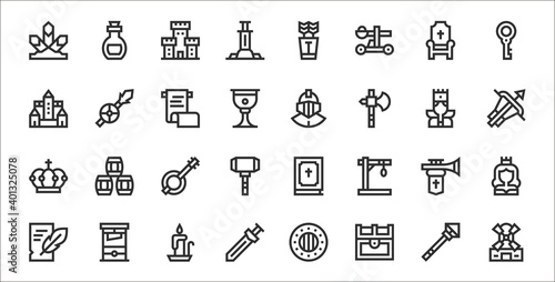 set of 32 medieval items thin outline icons such as windmill, treasure chest, sword, writing, trumpet, banjo, crossbow, helmet, spear