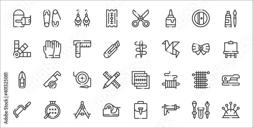set of 32 diy crafts thin outline icons such as needles, caulk gun, tape, hand saw, knitting, button, easel, needle, glove