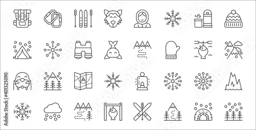 set of 32 arctic thin outline icons such as alpine, hiking, fish, snowflake, snowflake, map, himalaya, hiking, chill