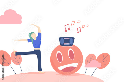 Concept happy time, lifestyle relax. Women are doing yoga, yoga activities for good health.  Flat style vector illustration for content, yoga activities, meditation, vacation, happiness.