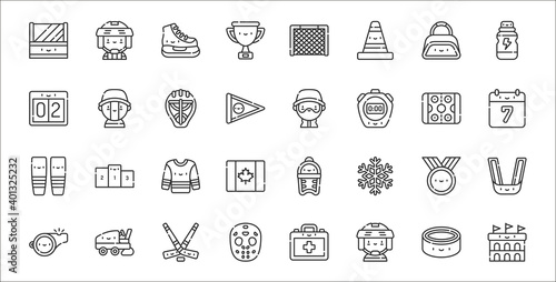 set of 32 hockey thin outline icons such as stadium, hockey player, hockey mask, whistle, medal, jersey, calendar, coach, fan