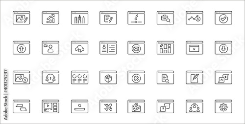 set of 32 type of website thin outline icons such as settings, faq, flight, chat, blog, contents, download, email, video call