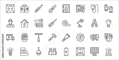 set of 32 electrician tools and thin outline icons such as led light, switch, screw, bulb, electric motor, street lamp, bulb, tape, house