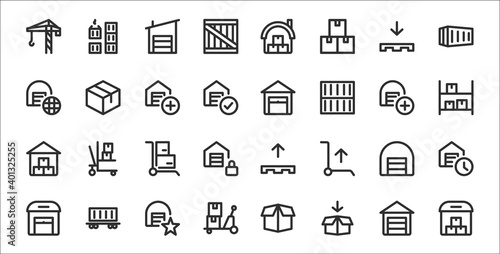set of 32 warehouse thin outline icons such as warehouse, open box, waggon, warehouse, cart, rack, parcel