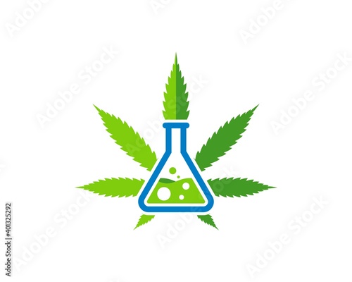 Cannabis leaf with bottle laboratory and green liquid