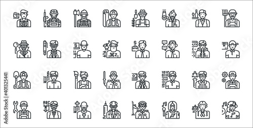 set of 32 professions and occupation thin outline icons such as disc jockey, singer, doctor, technician, chemist, artist, delivery man, salesman, ceo