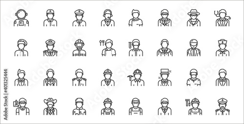 set of 32 profession avatar thin outline icons such as captain, teacher, construction worker, journalist, surgeon, pilot, sailor, chemist, pilot