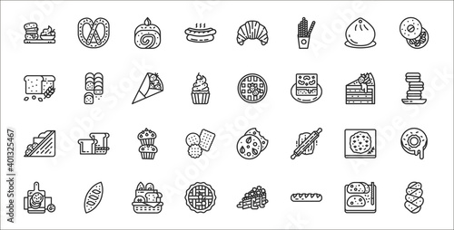 set of 32 august bakery thin outline icons such as challah, baguette, pie, naan, focaccia, muffin, macaron, waffles, roll