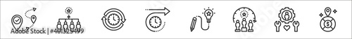 set of 8 sustainable competitive thin outline icons such as location, competitive, sustainable, long term, de, winner, service, market positioning