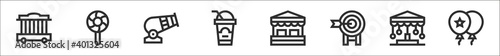 set of 8 circus thin outline icons such as cage, lollipop, cannon, drink, box office, archery, carousel, balloons