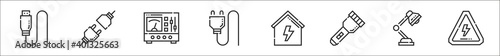 set of 8 electrician tools and thin outline icons such as usb, plug, transformer, plug, house, flashlight, table lamp, electric danger