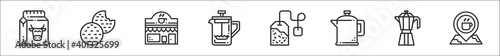 set of 8 coffe shop thin outline icons such as milk, cookie, coffee shop, coffee maker, tea bag, percolator, moka pot, place