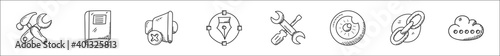 set of 8 web design and development thin outline icons such as configuration, book, volume mute, bezier tool, settings, eye, chain, chatting